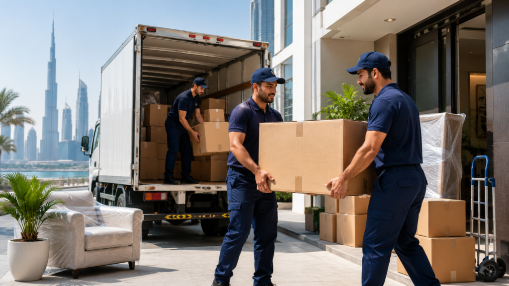 Professional licensed movers and packers in Dubai safely packing and transporting household belongings for a secure and hassle-free relocation.