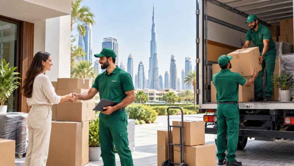 How Zanoox Connects Movers with Real Customers 2 Professional UAE moving team connecting with a customer while loading household boxes into a moving truck in Dubai, with the city skyline in the background.